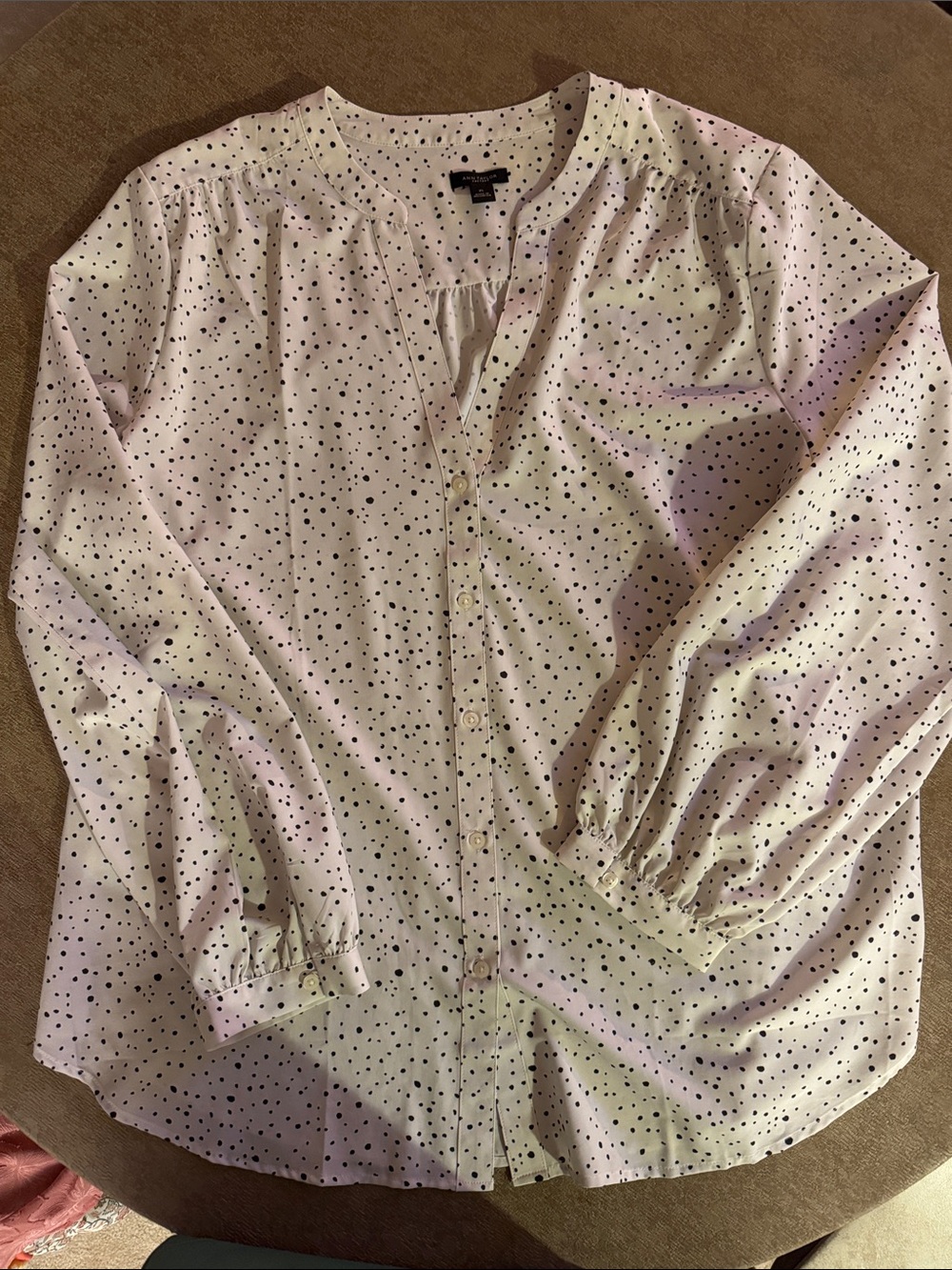 Ann Taylor Pink Button-Front Blouse with Black Dot Print